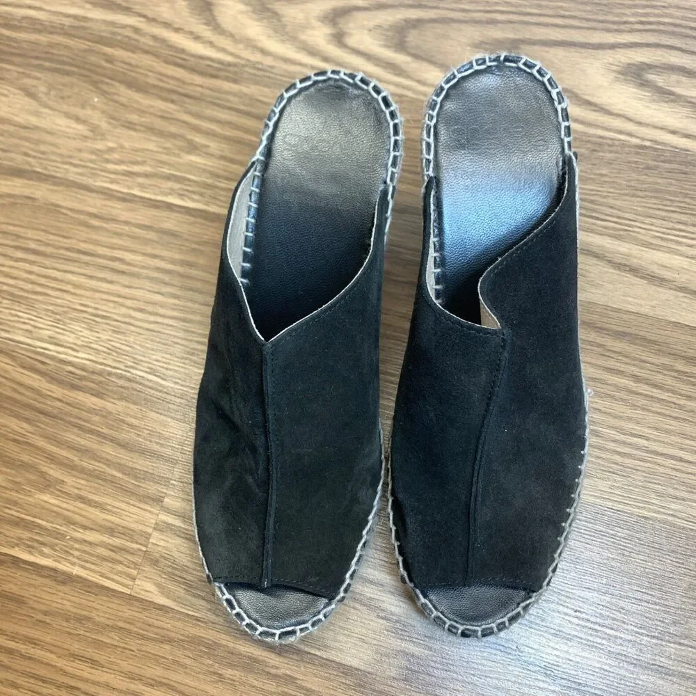andre assous espadrilles Black Suede Peep Toe Wedge Slip On Shoes Size 8‎